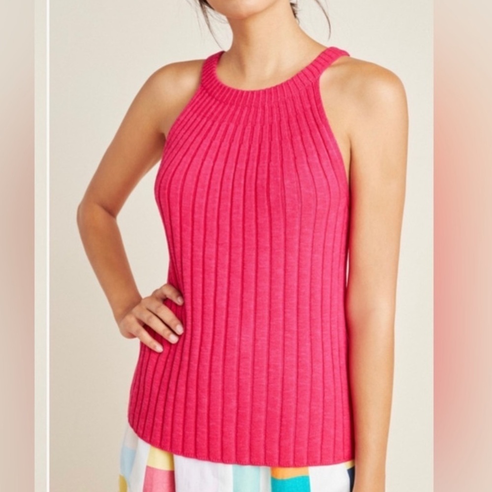 NWOT Anthropologie Zadkine Pink Ribbed Knit Sweater Tank Top High-Neck Halter SM